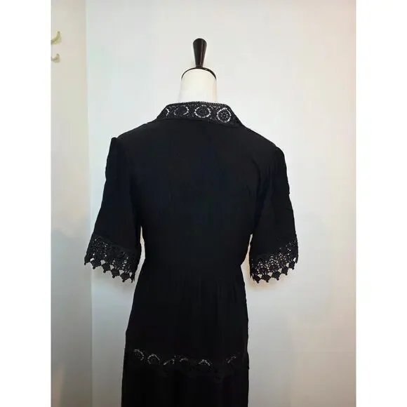 FOREVER 21 Black Floral Embroidered Long Duster SHORT SLEEVE LACE TRIM Size L - Picture 7 of 12